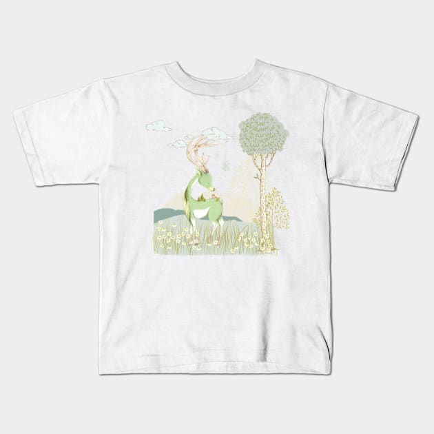 Whimsical forest deer and tiny village Kids T-Shirt by joyandgrace